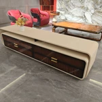 Luxury TV Stand with Rounded Cream Frame Dark Natural Wood Veneer Panels and Stainless Steel Handles